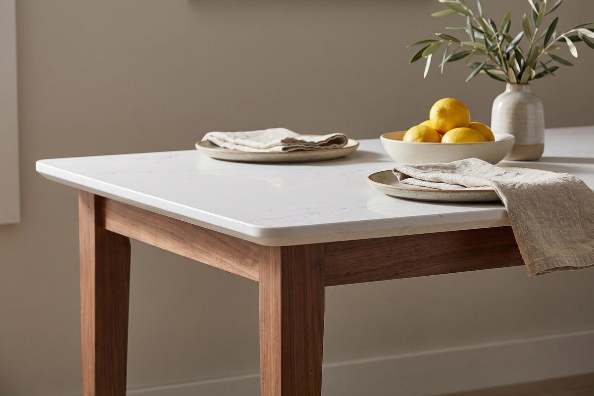 Ménerbes White Quartz and Walnut Dining Table detail
