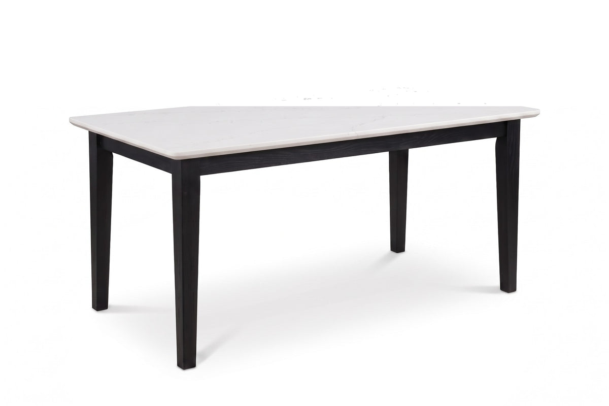 Ménerbes White Quartz Dining Table in Black Oak, three-quarter view on white