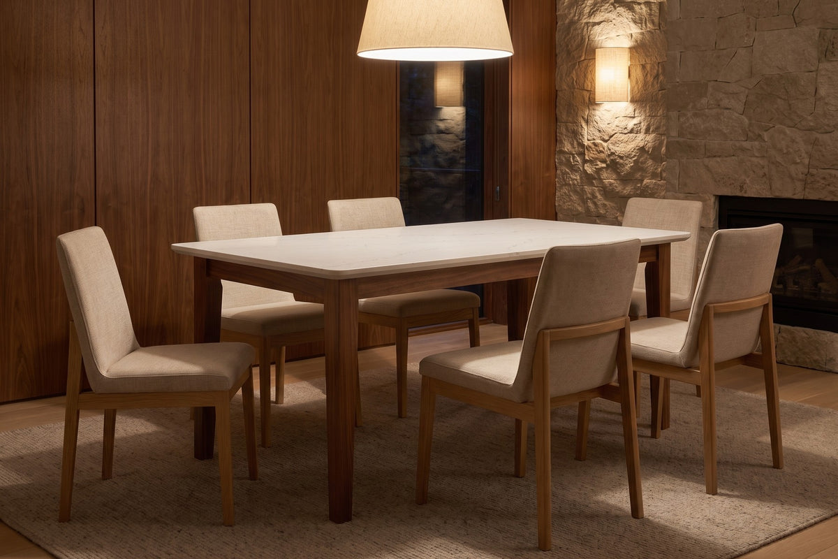 Ménerbes White Quartz and Walnut Dining Table in a room setting