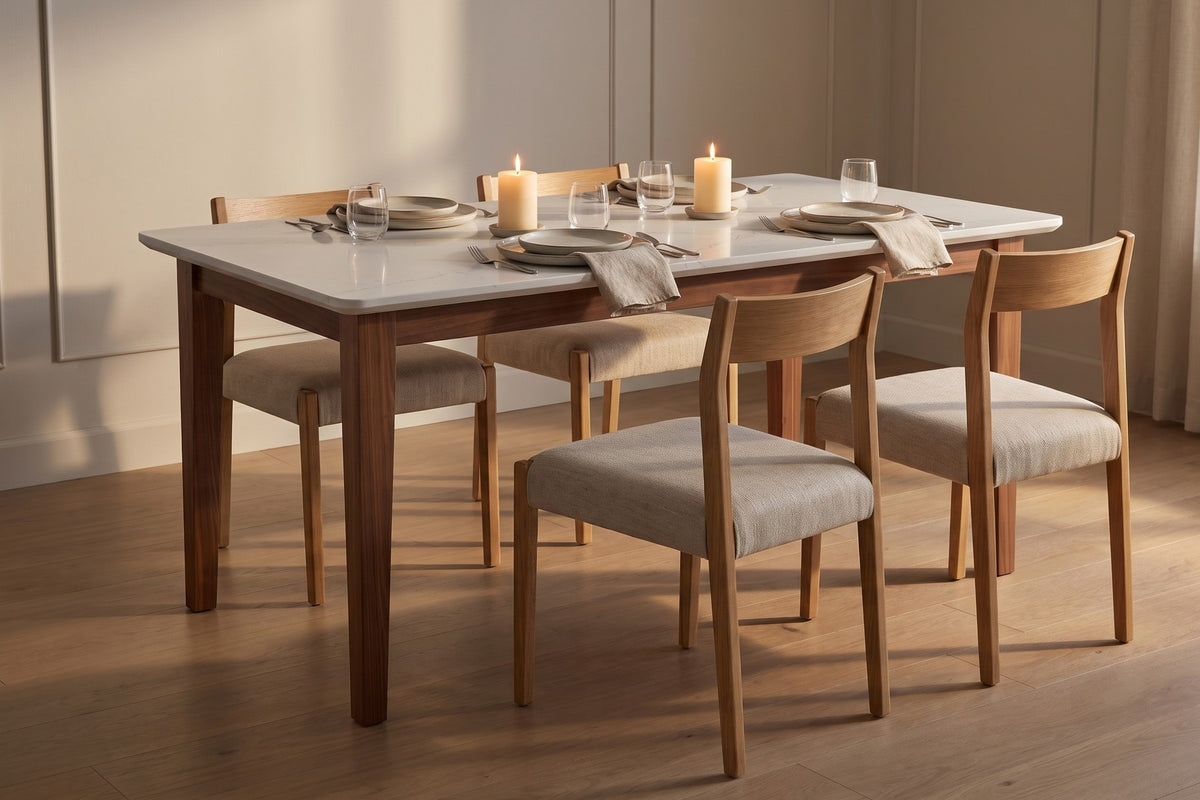 Ménerbes 72" Quartz Top Dining Table – Solid Walnut or Oak Base, Seats 6