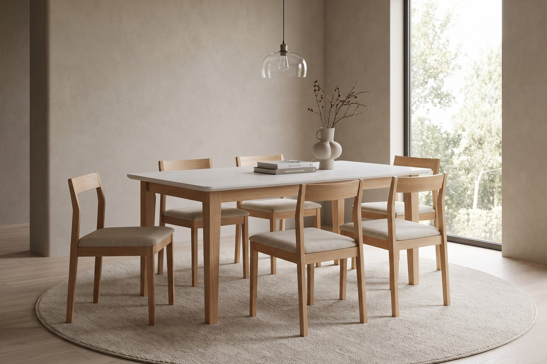 Ménerbes White Quartz Dining Table in Natural Oak, in a living space