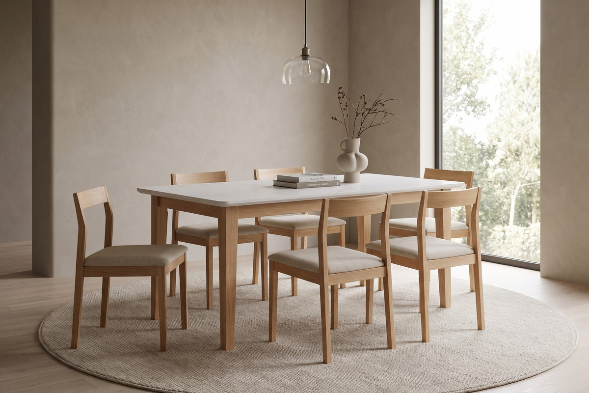 Ménerbes 72" Quartz Top Dining Table – Solid Walnut or Oak Base, Seats 6