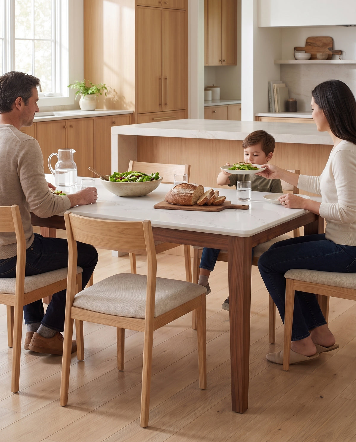 Ménerbes White Quartz and Walnut Dining Table in everyday use at home