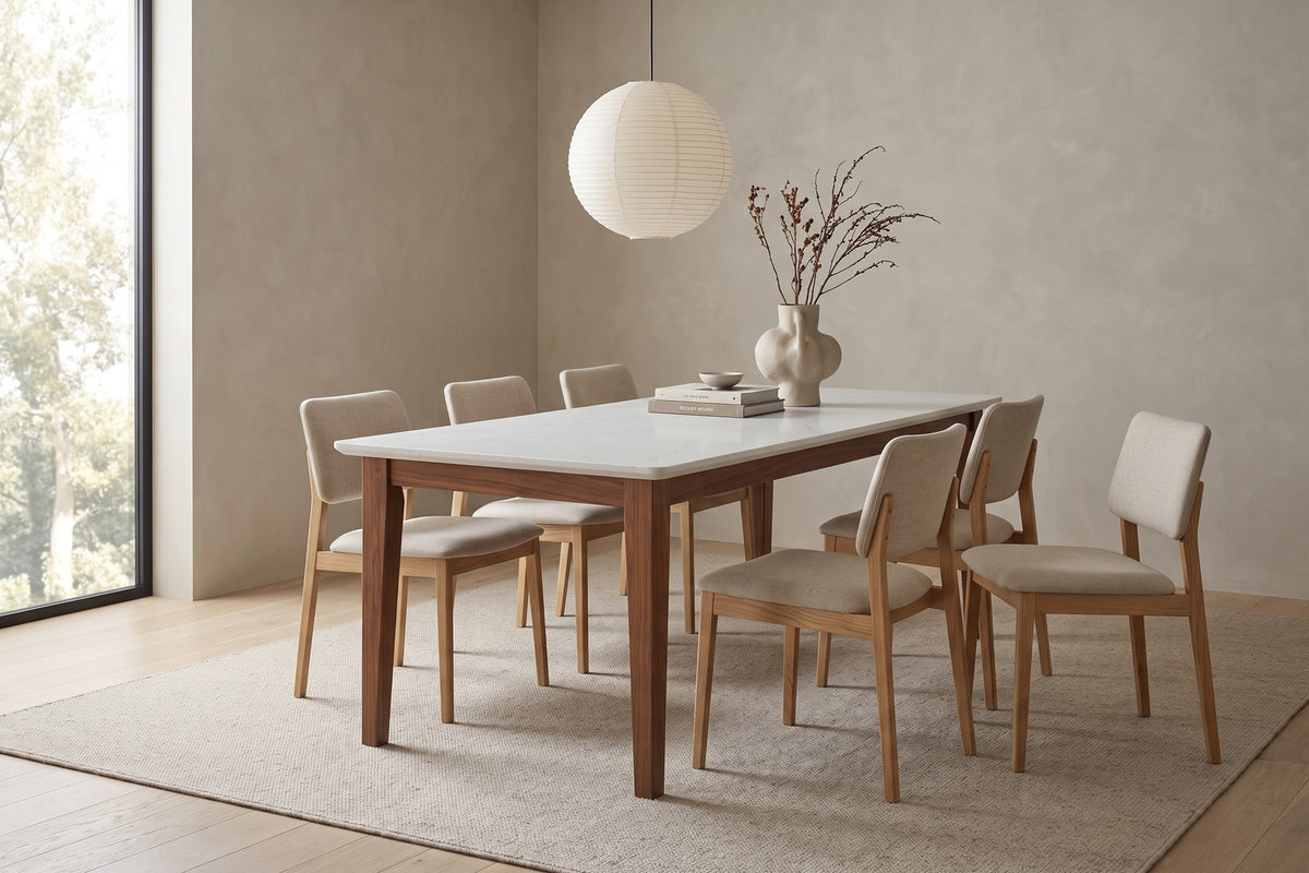 Ménerbes 72" Quartz Top Dining Table – Solid Walnut or Oak Base, Seats 6