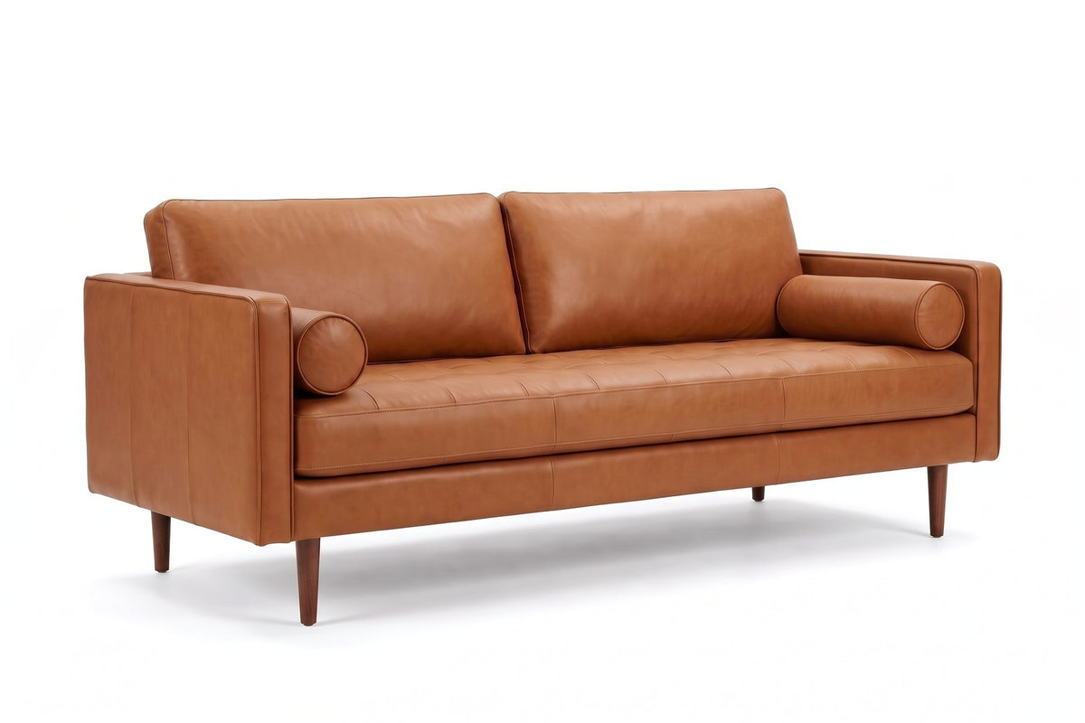 Menton 88" Cognac Leather Bench-Seat Sofa on white