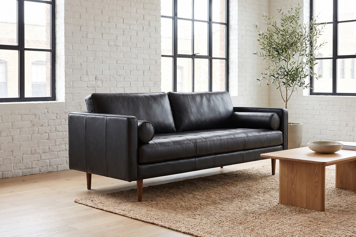 Menton 88" Leather Bench-Seat Sofa – Stitched Seat, Bolster Pillows, Walnut-Finish Legs