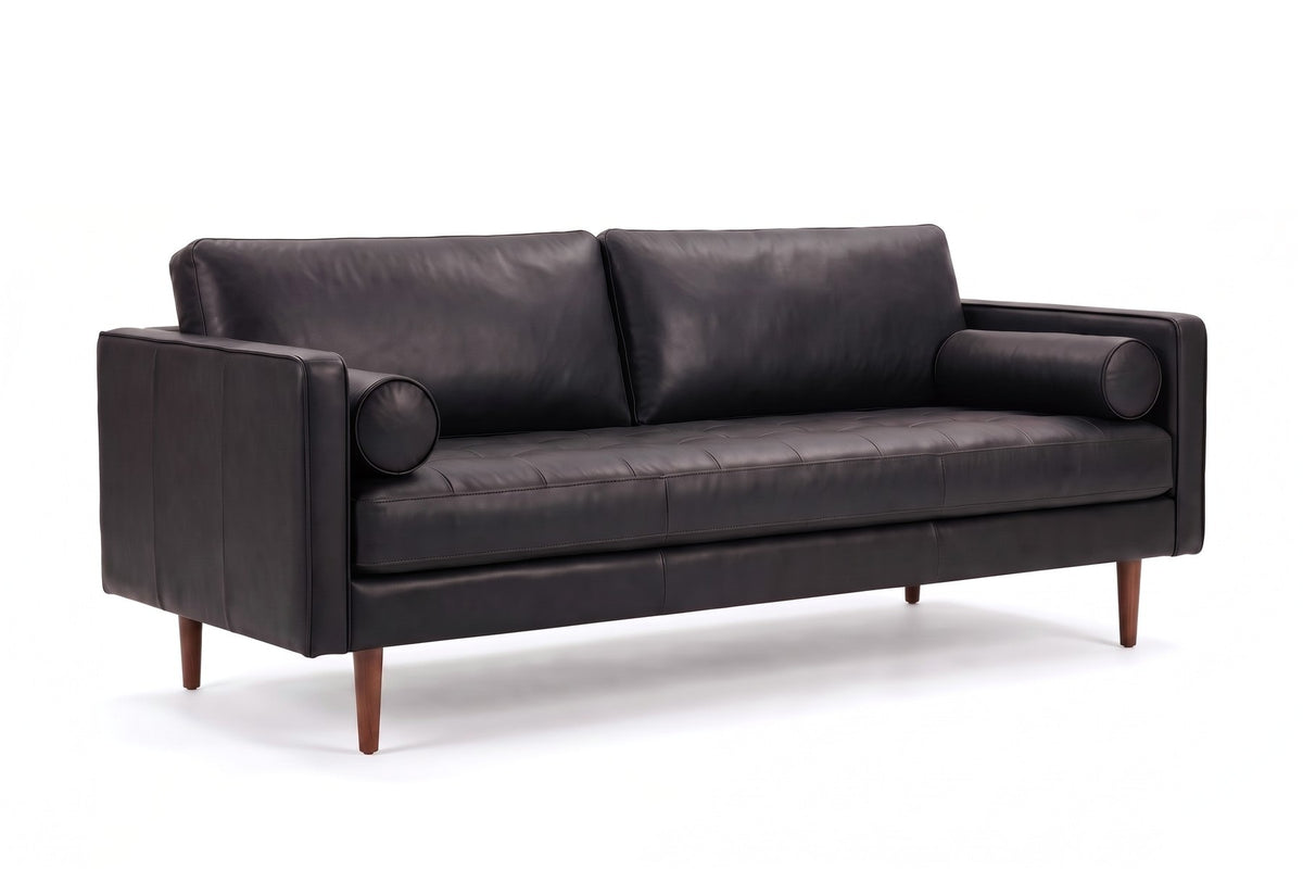 Menton 88" Leather Bench-Seat Sofa – Stitched Seat, Bolster Pillows, Walnut-Finish Legs