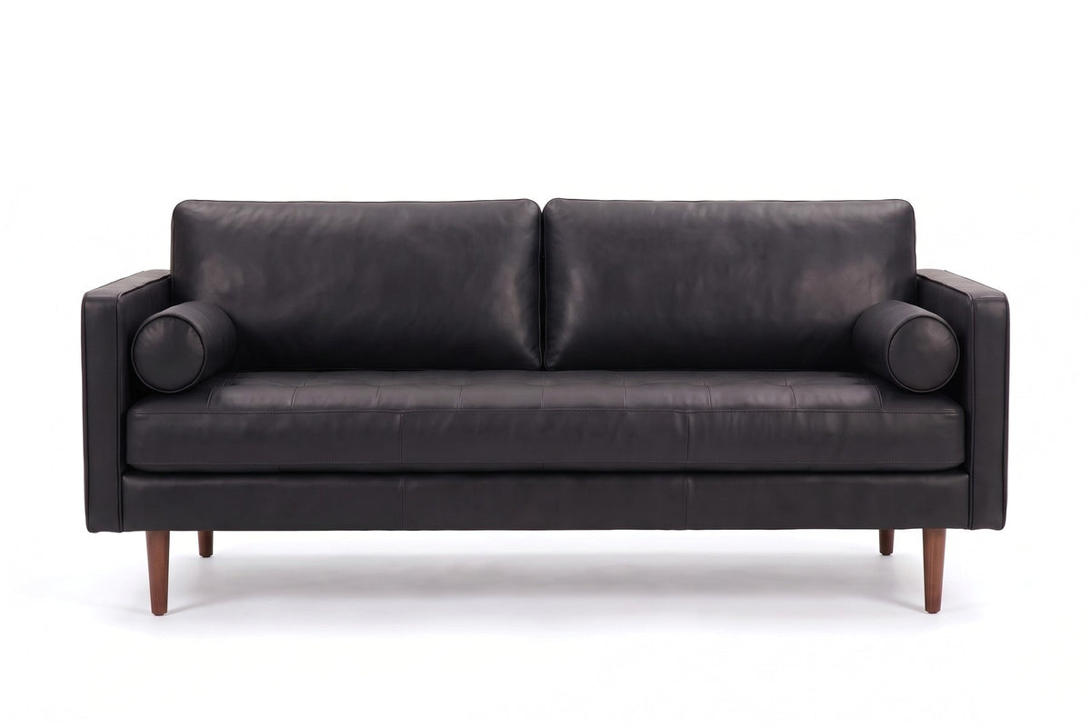 Menton 88" Leather Bench-Seat Sofa – Stitched Seat, Bolster Pillows, Walnut-Finish Legs