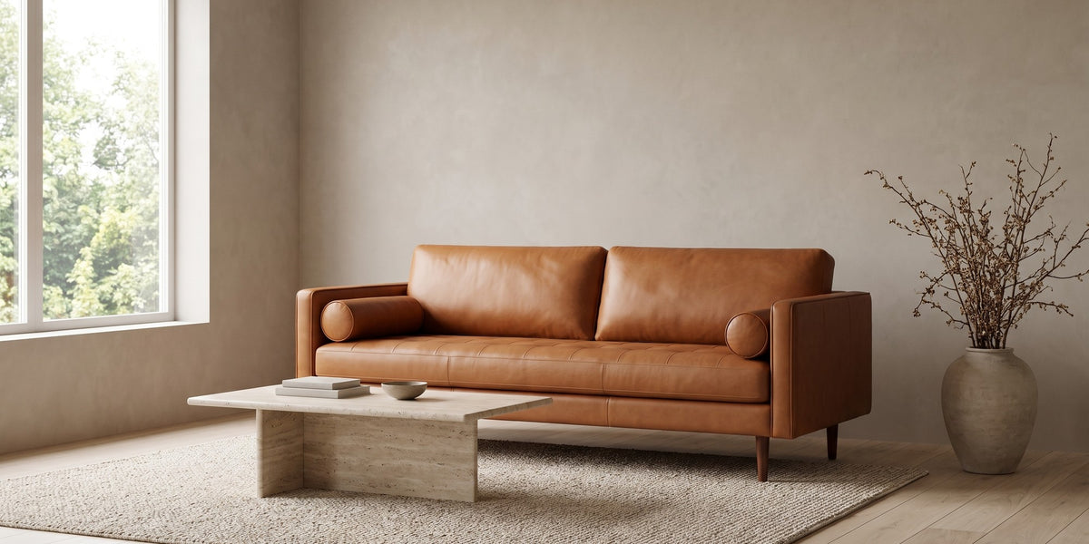 Menton 88" Cognac Leather Bench-Seat Sofa banner