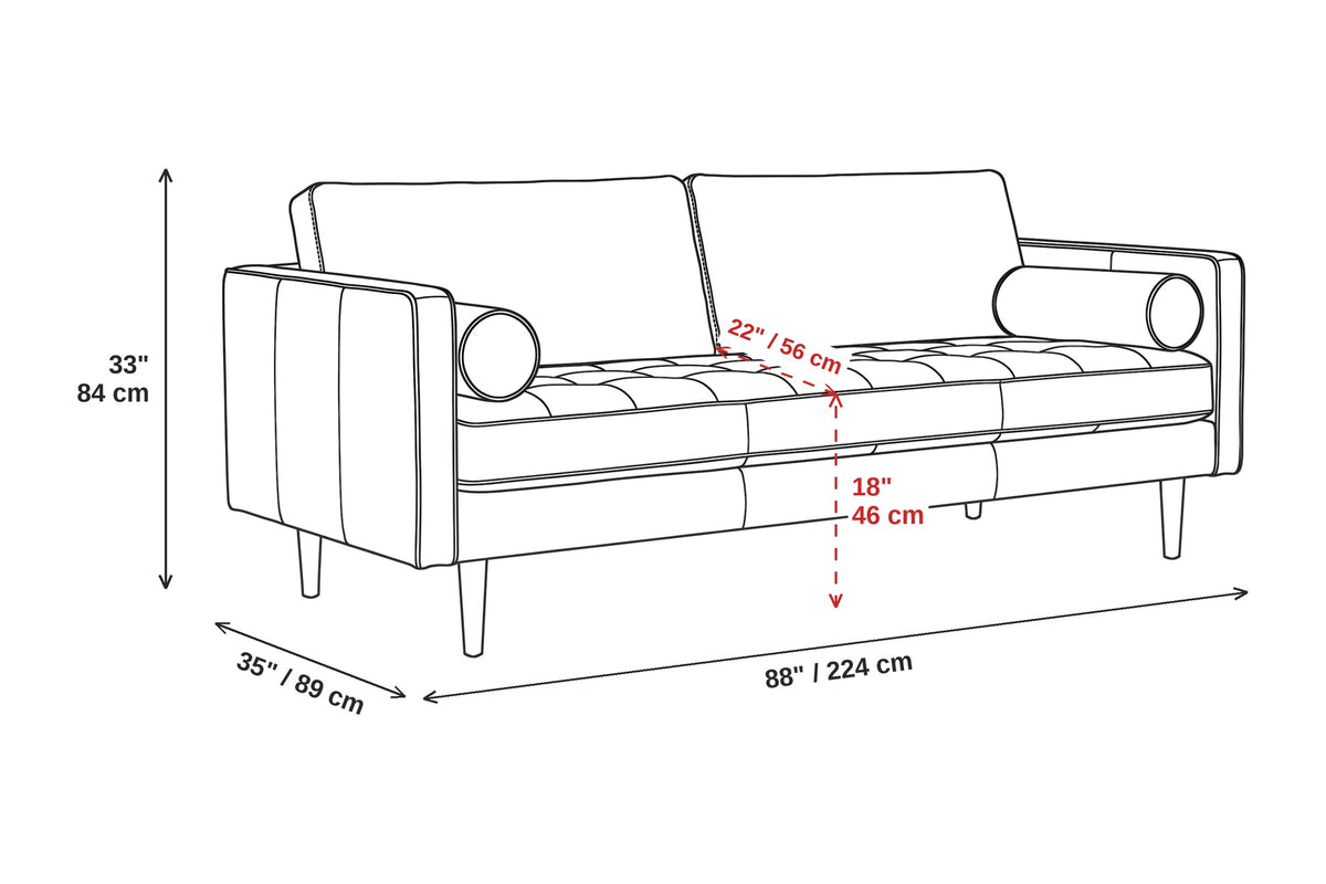 Menton 88" Leather Bench-Seat Sofa – Stitched Seat, Bolster Pillows, Walnut-Finish Legs