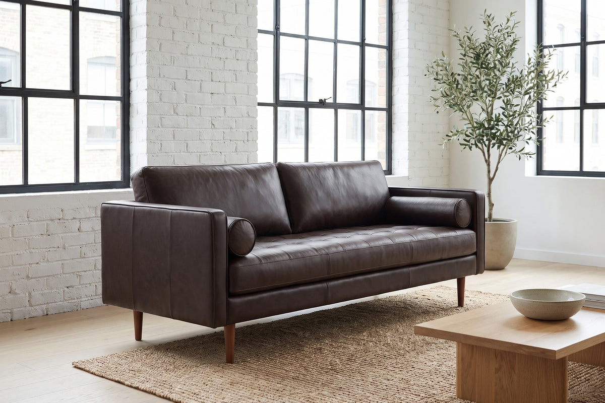 Menton 88" Leather Bench-Seat Sofa – Stitched Seat, Bolster Pillows, Walnut-Finish Legs