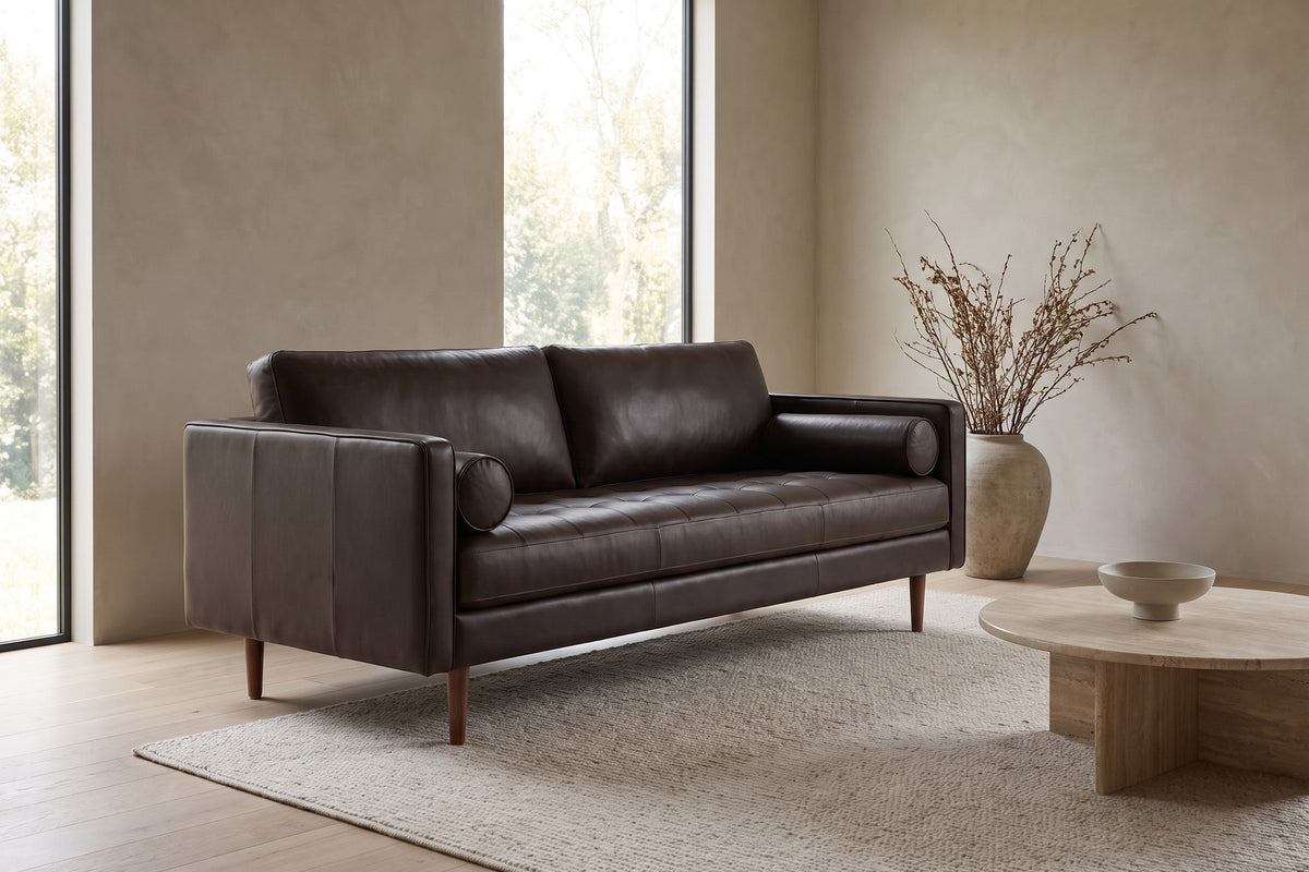 Menton 88" Leather Bench-Seat Sofa – Stitched Seat, Bolster Pillows, Walnut-Finish Legs