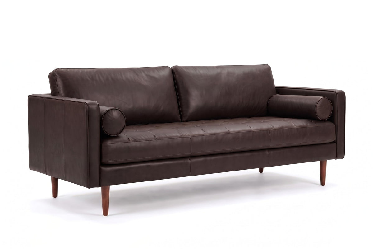 Menton 88" Leather Bench-Seat Sofa – Stitched Seat, Bolster Pillows, Walnut-Finish Legs