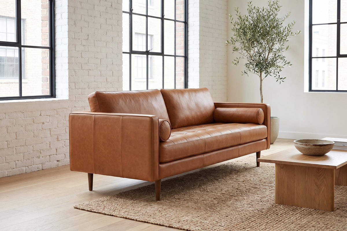 Menton 88" Cognac Leather Bench-Seat Sofa styled in a room