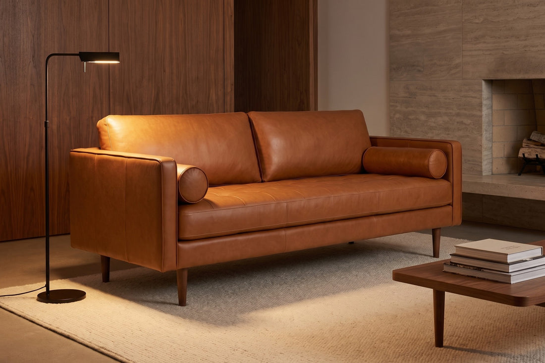 Menton 88" Cognac Leather Bench-Seat Sofa in a room setting