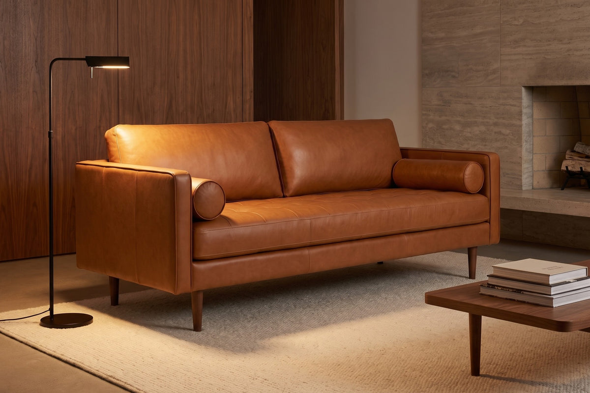 Menton 88" Cognac Leather Bench-Seat Sofa in a room setting