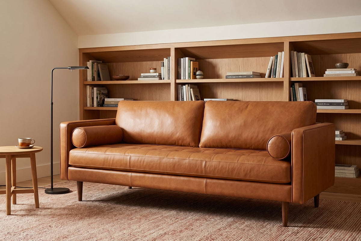 Menton 88" Leather Bench-Seat Sofa – Stitched Seat, Bolster Pillows, Walnut-Finish Legs