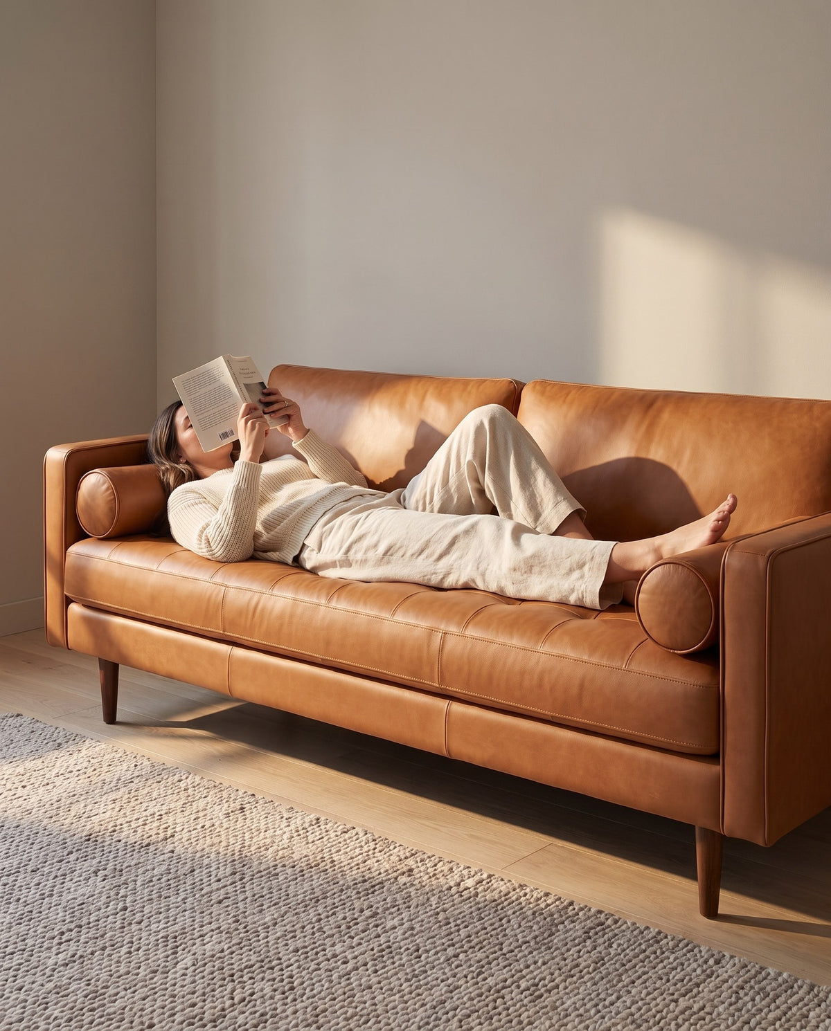 A person lying along the Menton cognac leather bench seat, head on a bolster, reading (concept image)