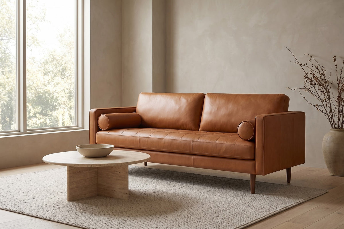 Menton 88" Cognac Leather Bench-Seat Sofa in a living space