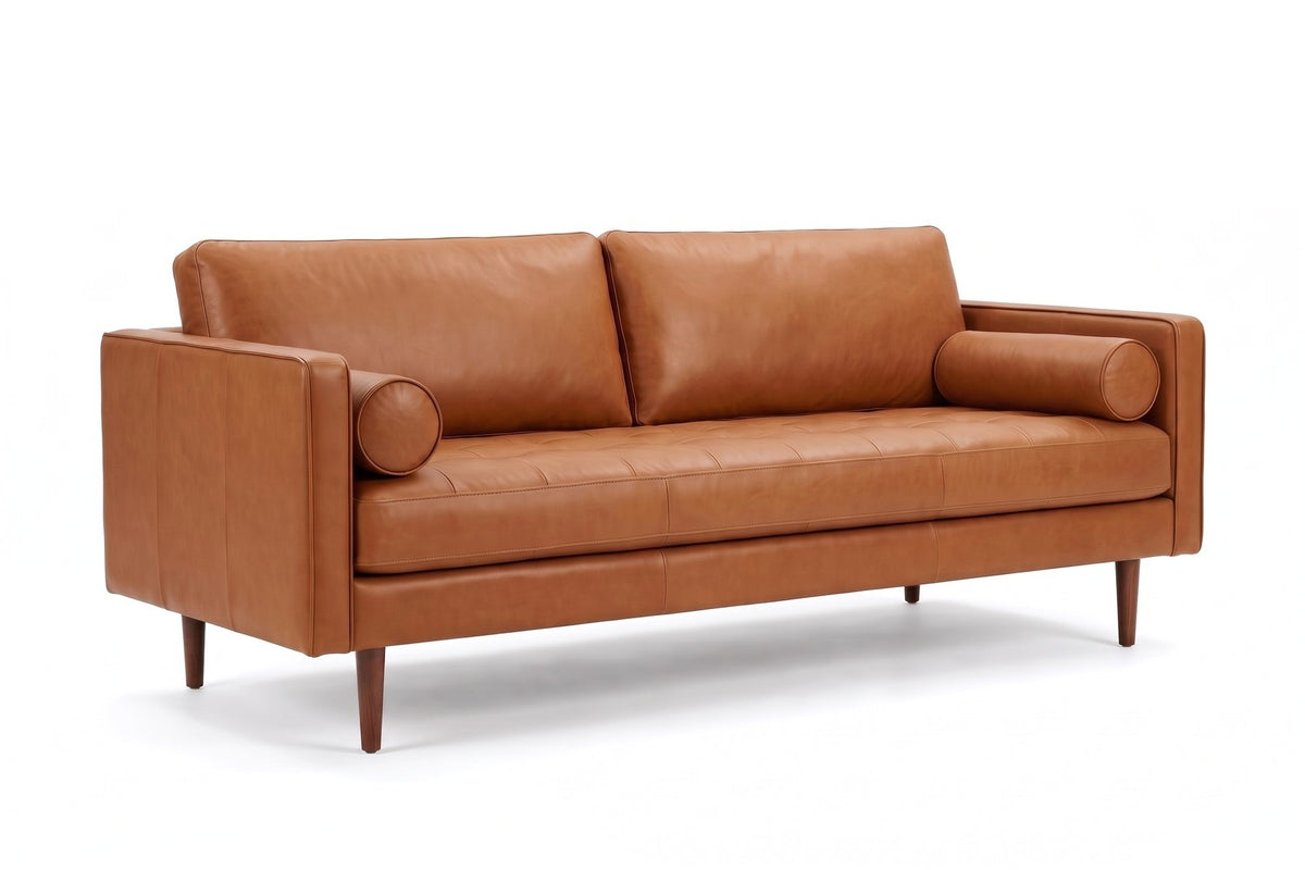 Menton 88" Leather Bench-Seat Sofa – Stitched Seat, Bolster Pillows, Walnut-Finish Legs