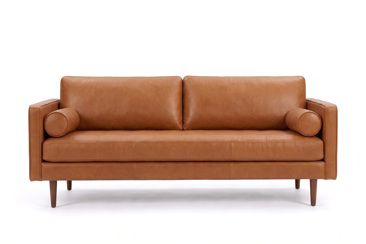 Menton 88" Cognac Leather Bench-Seat Sofa, straight front view at seat height
