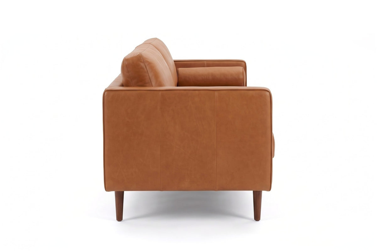 Menton 88" Cognac Leather Bench-Seat Sofa, straight side view from the right at seat height, showing the arm profile and the legs