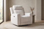 Mireille ivory chenille power recliner with channel-stitched back in a calm, daylit living room