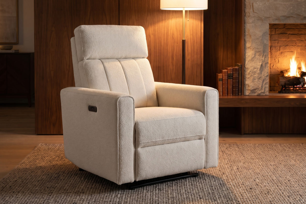 Mireille Chenille Power Recliner – Ivory, Channel-Stitched Back, Push-Button Control