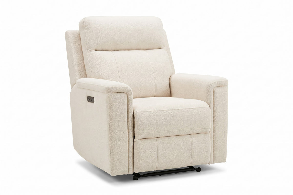 Mireille Chenille Power Recliner – Ivory, Channel-Stitched Back, Push-Button Control