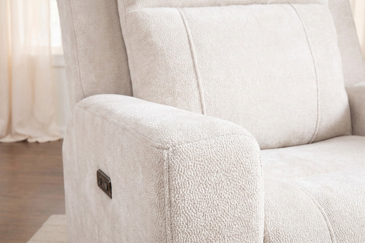 Close-up of the ivory chenille texture on the padded arm and the channel-stitched back (Mireille)