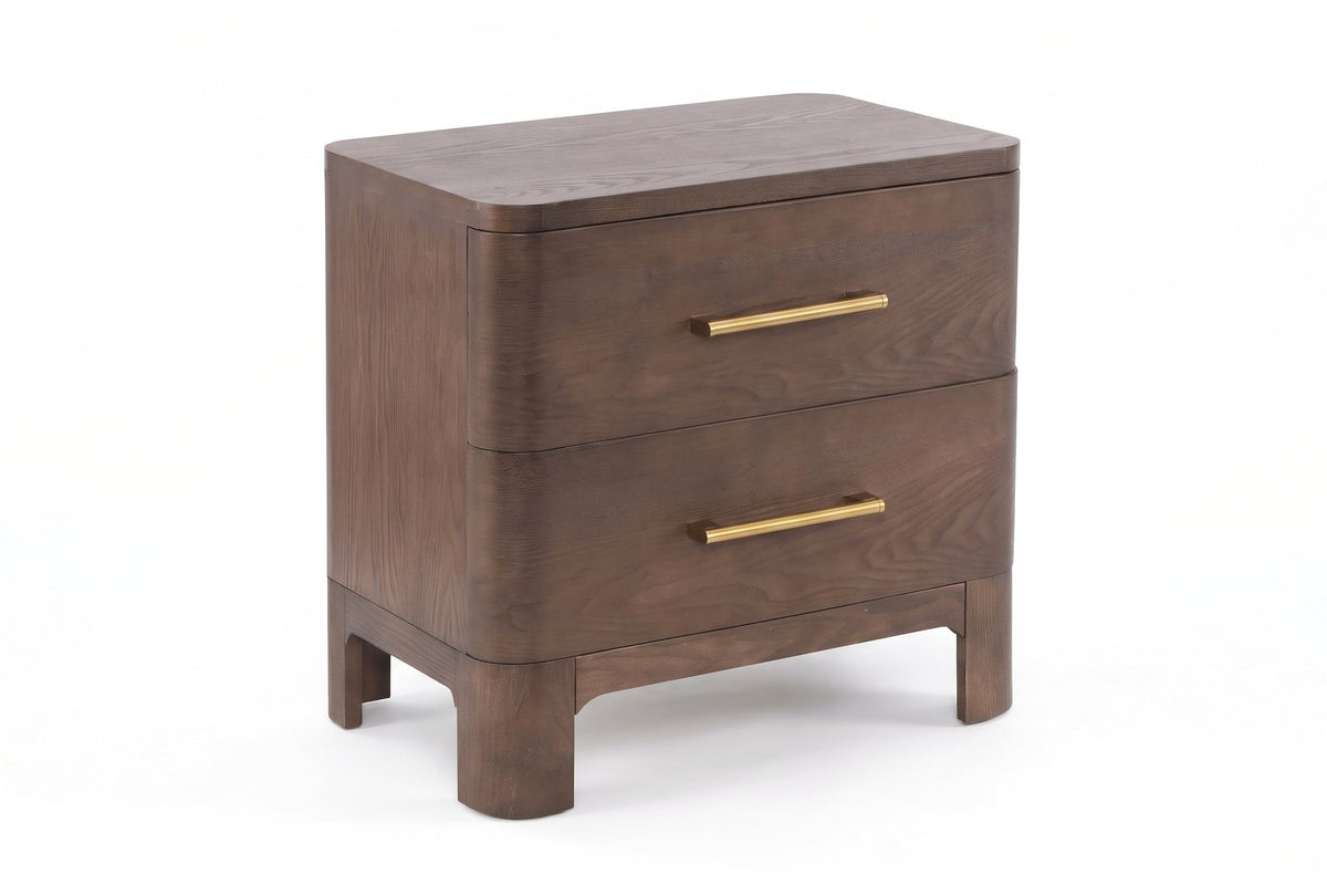 Monceau brown oak 2-drawer nightstand with rounded corners, three-quarter front view on a white background