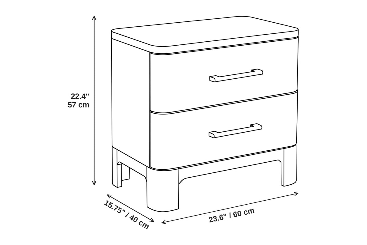 Monceau 2-drawer nightstand dimensions: 23.6 inches (60 cm) wide, 15.75 inches (40 cm) deep and 22.4 inches (57 cm) high