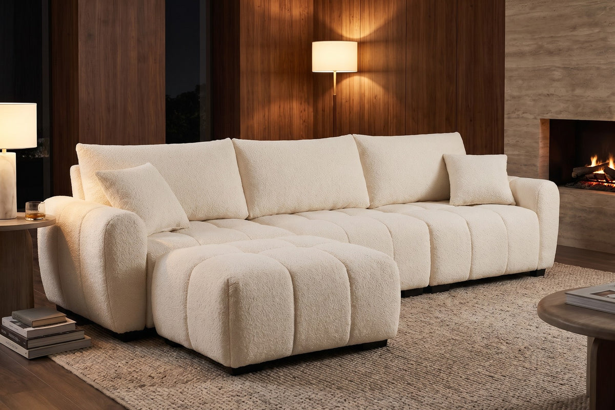 Montmartre 110" Modular Bouclé Sectional – Cream, Channel-Tufted, Movable Ottoman