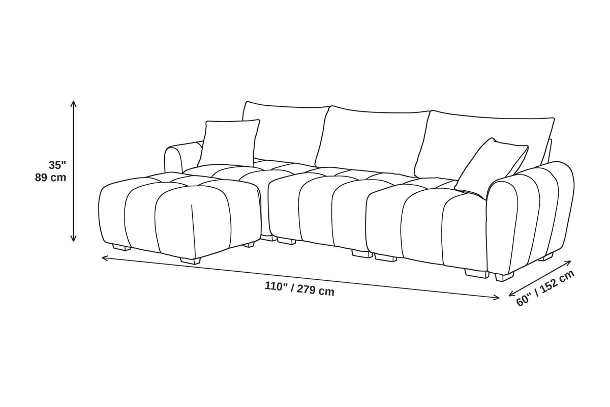 Montmartre 110" cream boucle modular sectional with movable ottoman dimensions: 110 inches wide, 60 inches deep and 35 inches high