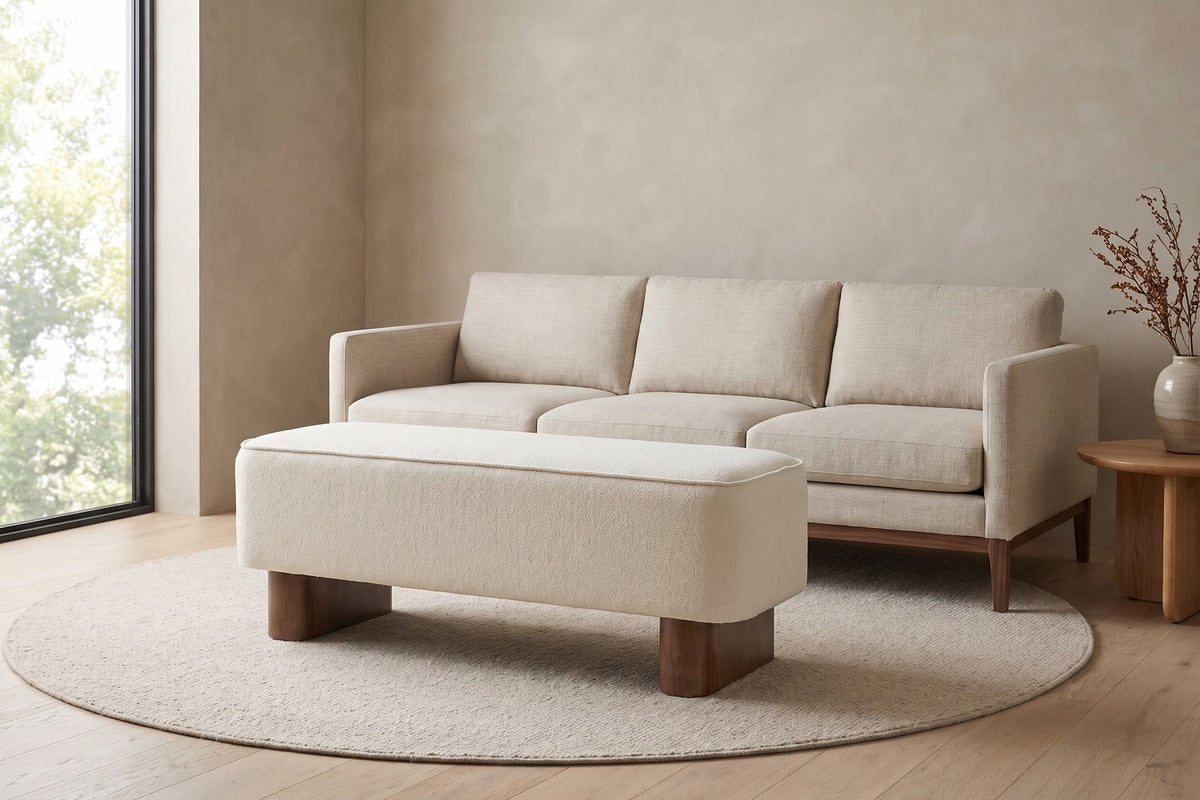 Montsouris 56.5" Upholstered Ottoman Bench – Cream, Rounded Rubberwood Block Legs