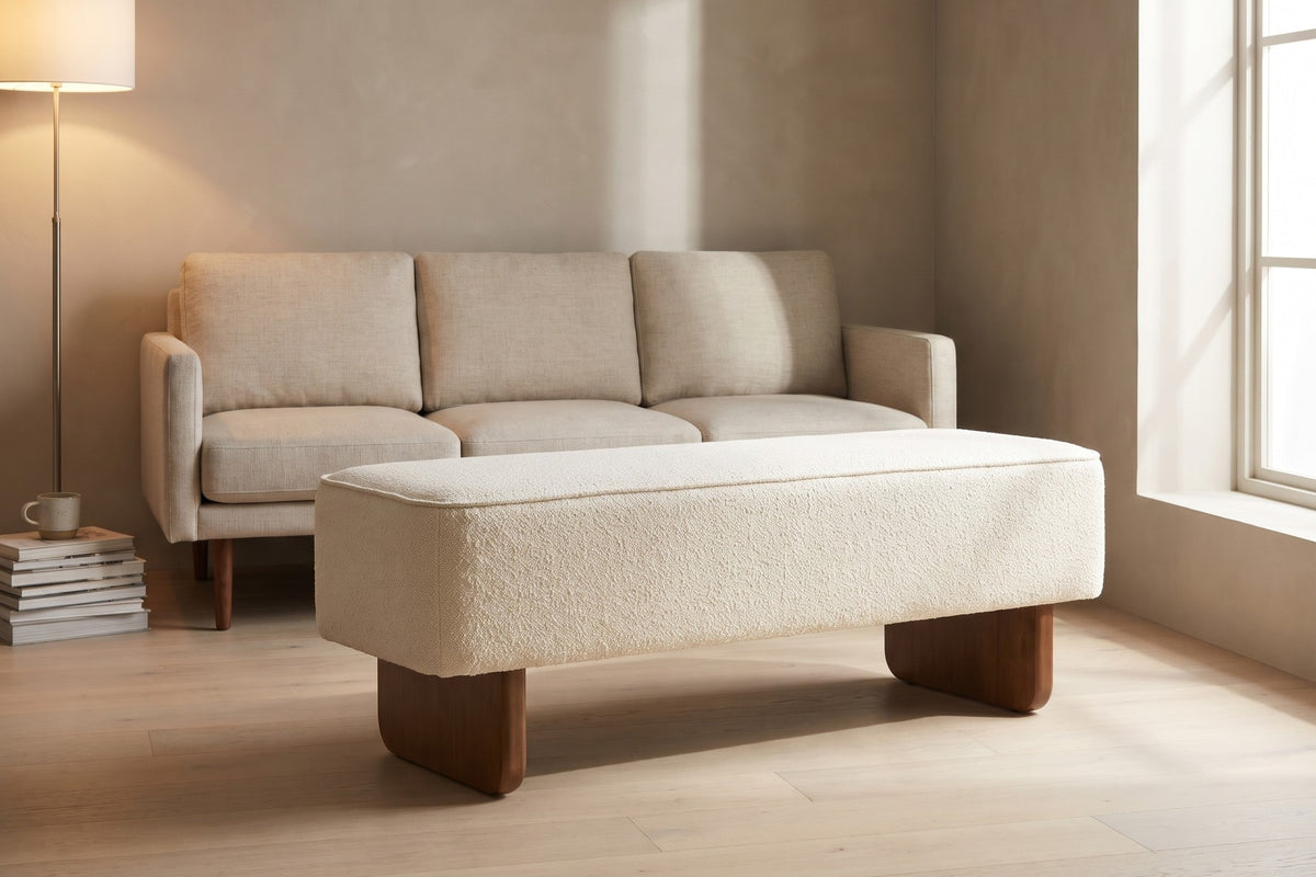 Montsouris 56.5" Upholstered Ottoman Bench – Cream, Rounded Rubberwood Block Legs