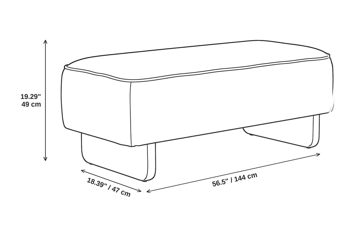 Montsouris 56.5" cream upholstered ottoman bench on rounded rubberwood legs dimensions: 56.5 inches wide, 18.39 inches deep and 19.29 inches high