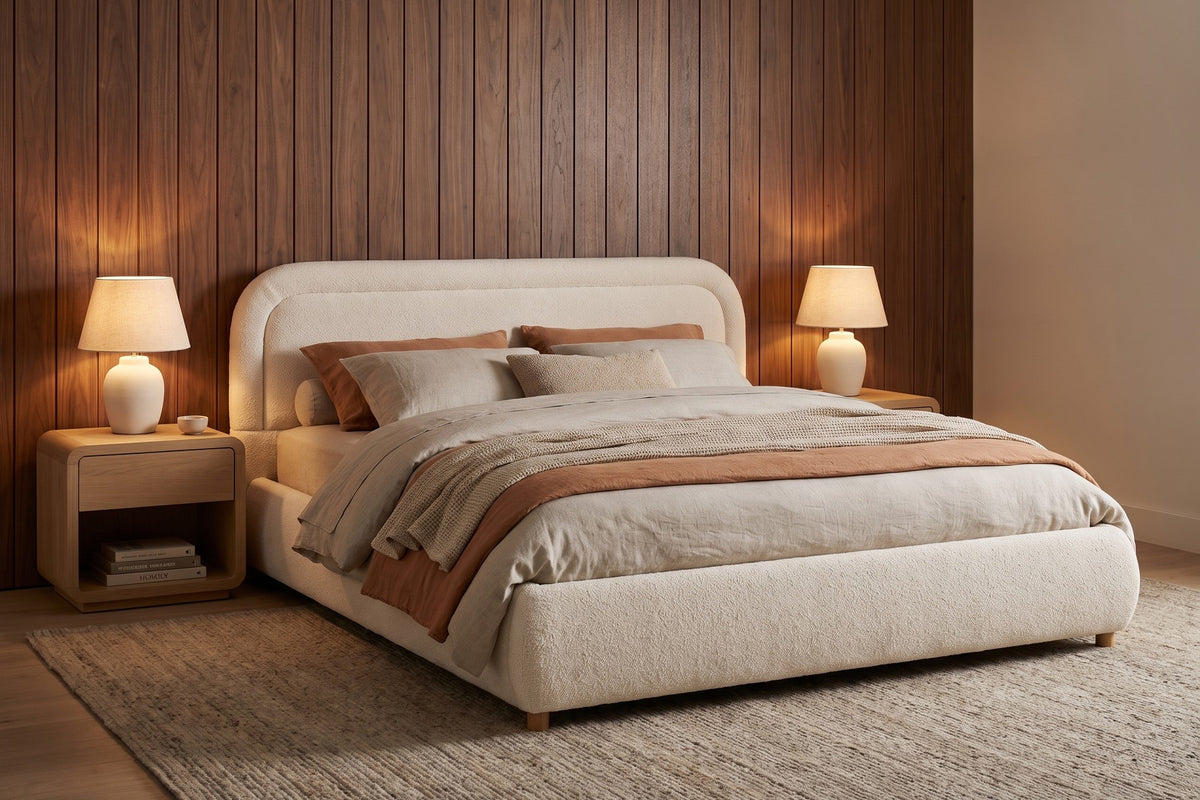 Nina beige-white bouclé platform bed with a rounded headboard in a warm walnut-panelled bedroom in the evening