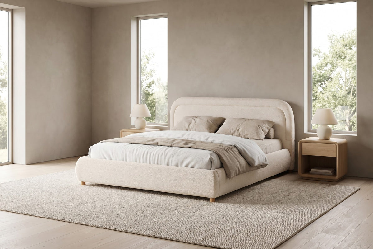 Nina Bouclé Platform Bed – Beige White, King