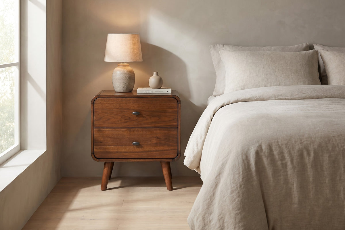 Noémie mid-century dark walnut 2-drawer nightstand in a calm bedroom in soft morning light, beside the bed