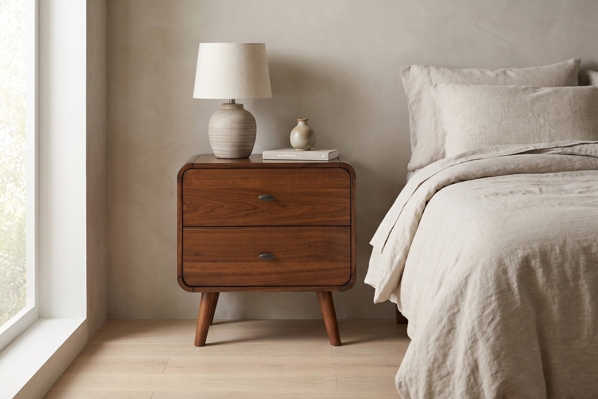 Noémie mid-century dark walnut 2-drawer nightstand in a calm bedroom in soft morning light, beside the bed