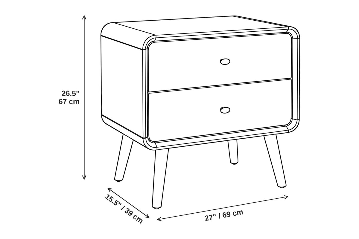 Noémie mid-century dark walnut 2-drawer nightstand dimensions: 27 inches wide, 15.5 inches deep and 26.5 inches high