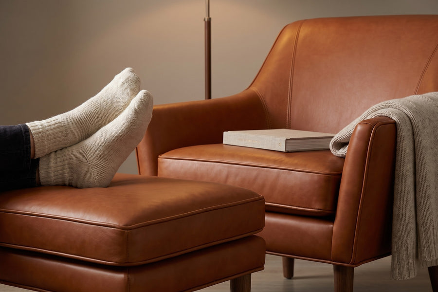 Nyons Cognac Leather Armchair and Ottoman detail