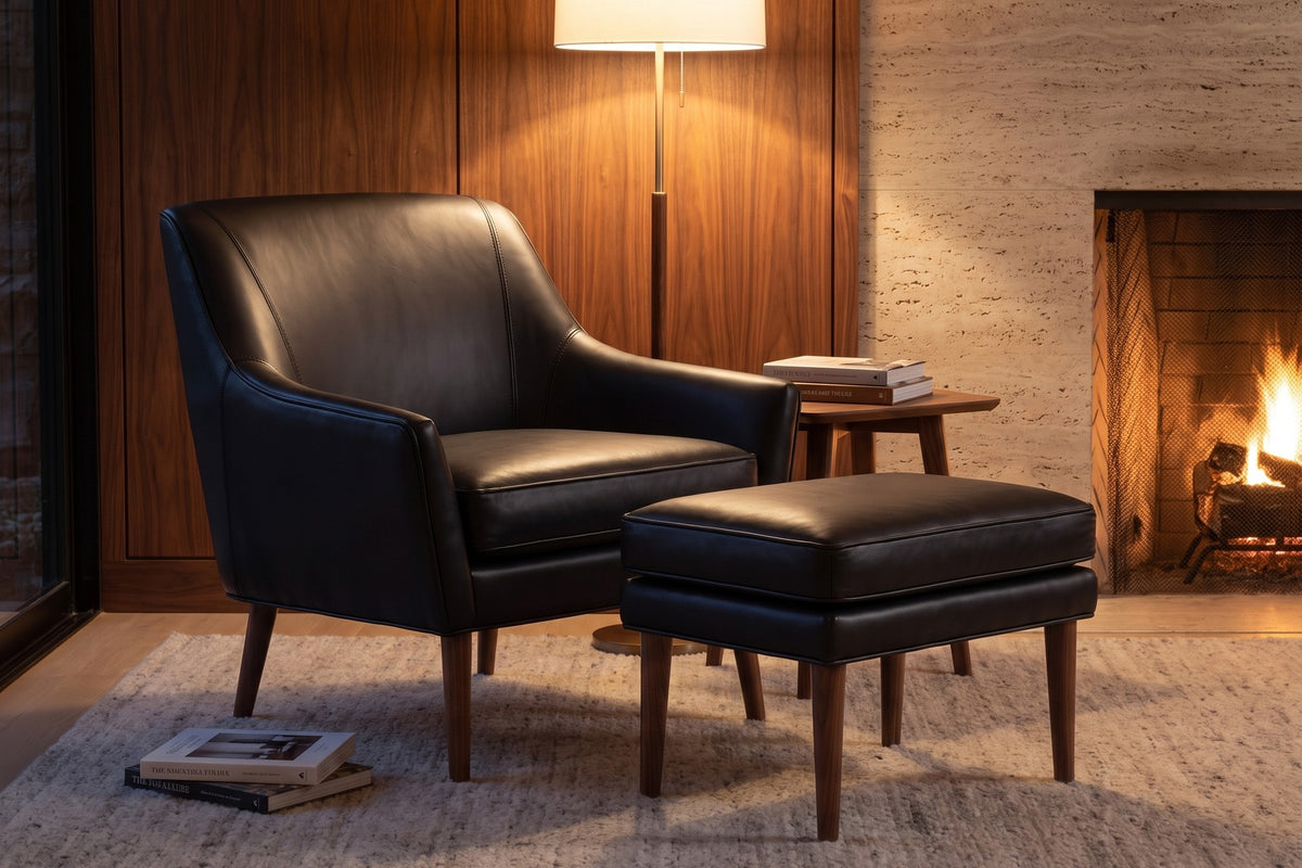 Nyons Leather Armchair & Ottoman – Mid-Century Curved Back, Tapered Walnut Legs