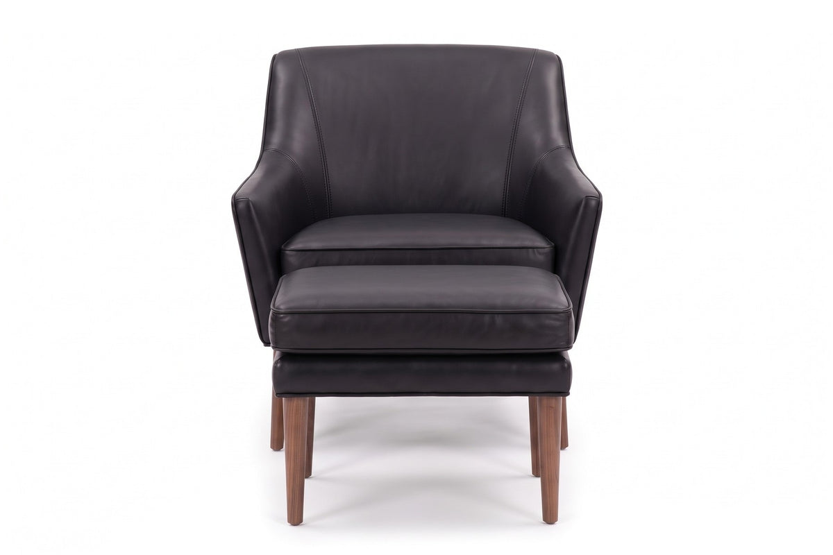 Nyons Leather Armchair and Ottoman in Black, front view on white