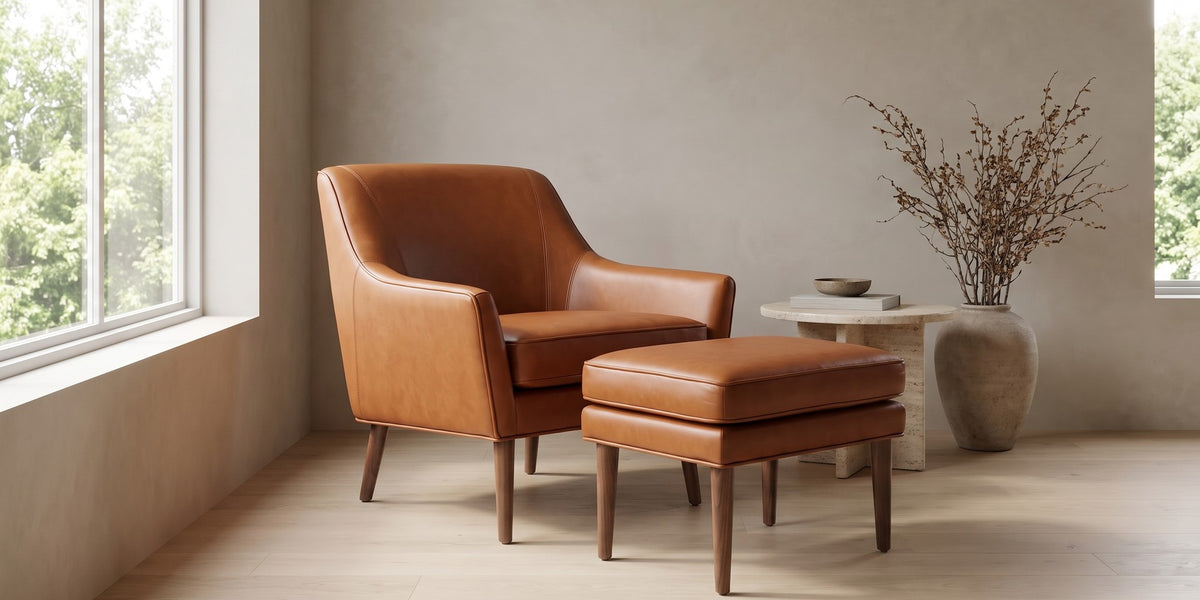 Nyons Cognac Leather Armchair and Ottoman banner