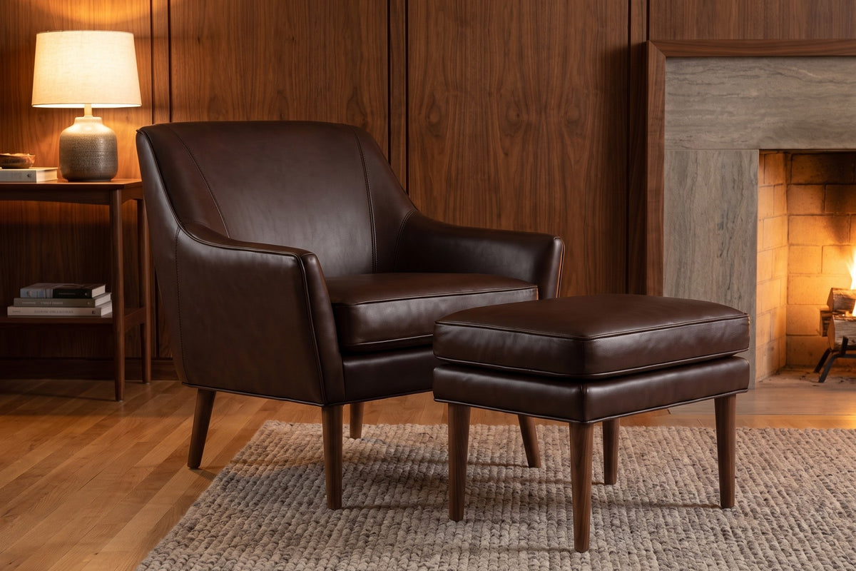 Nyons Leather Armchair & Ottoman – Mid-Century Curved Back, Tapered Walnut Legs