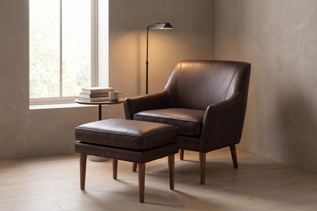 Nyons Leather Armchair and Ottoman in Chocolate, in a living space