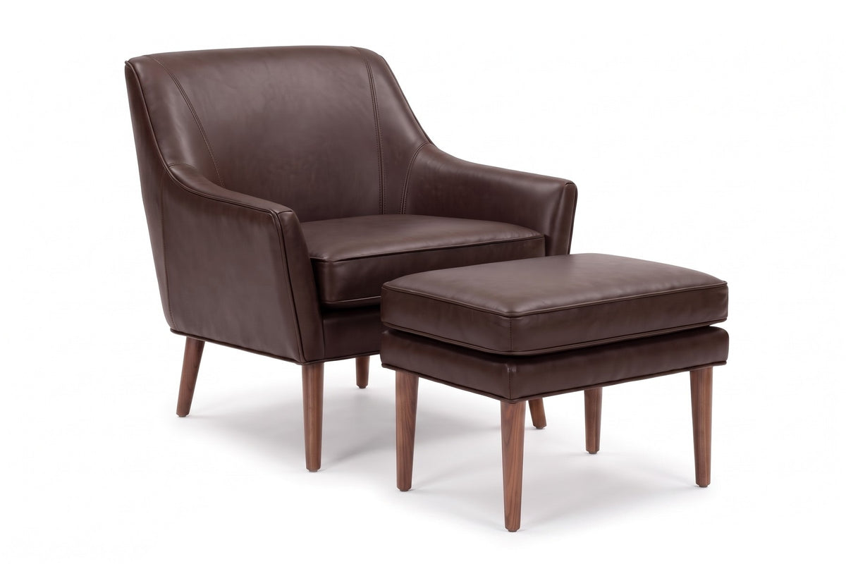 Nyons Leather Armchair & Ottoman – Mid-Century Curved Back, Tapered Walnut Legs