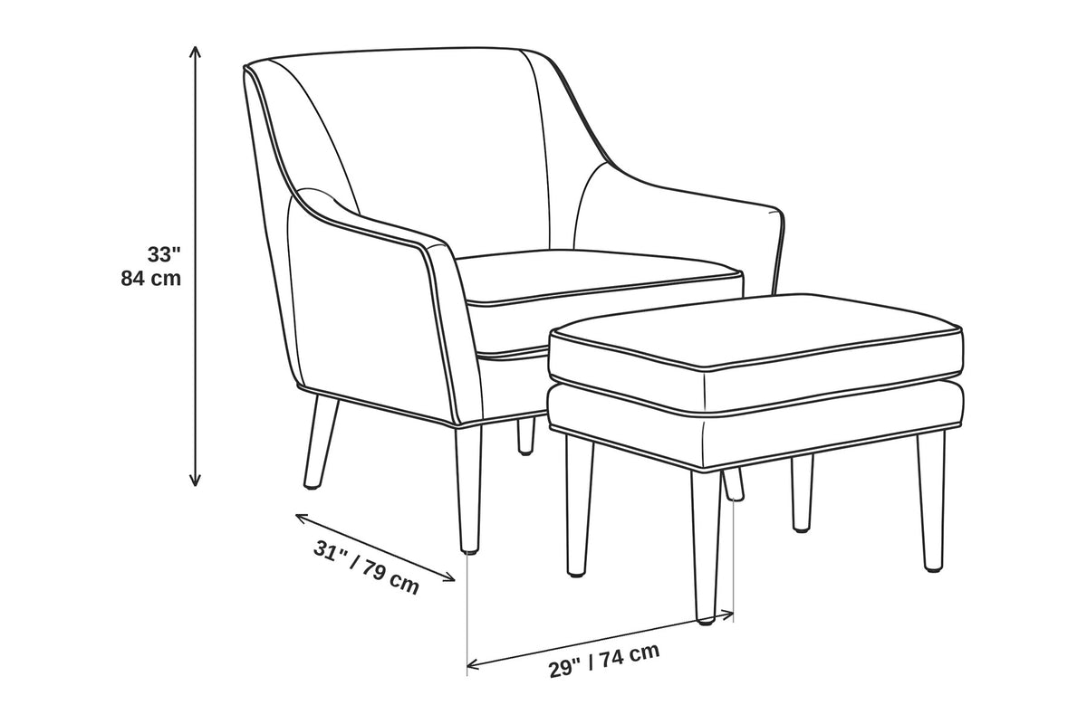 Nyons Leather Armchair & Ottoman – Mid-Century Curved Back, Tapered Walnut Legs